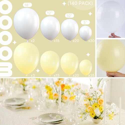 Image of PartyWoo Yellow and White Balloons, 140 pcs Pastel Yellow and White Balloons Different Sizes Pack of 18 Inch 12 Inch 10 Inch 5 Inch for Balloon Garland Arch as Birthday Decorations, Party Decorations