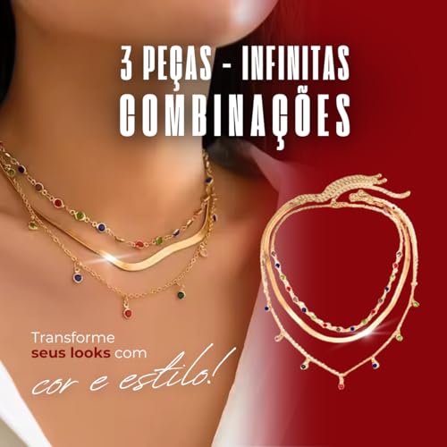 Conjunto 3x1 de Colares Femininos - Powerful Colors + Bolsa de Veludo