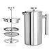 French Press,1 Litre (8 Tasses), Cafetière à Piston en Acier Inoxydable 304 à Double Paroi Lsolée, Cafetiere Piston Avec 1 Filtre Supplémentaire, Système de Filtration à 3 Niveaux, Argenté