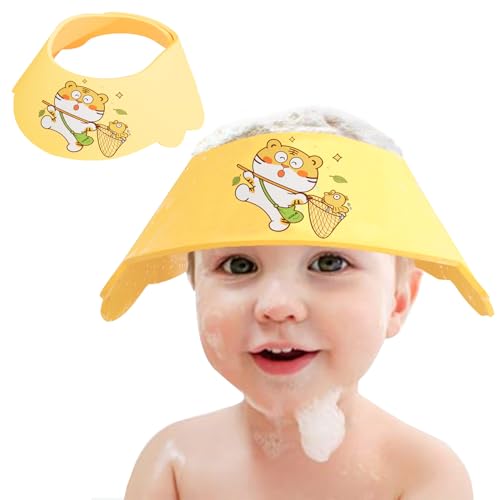 Image of Baby Shower Cap Shield, Soft Adjustable Kids Bath Visor Hat Shampoo Washing Hair Protection Cartoon for Toddler children (Yellow Tiger)