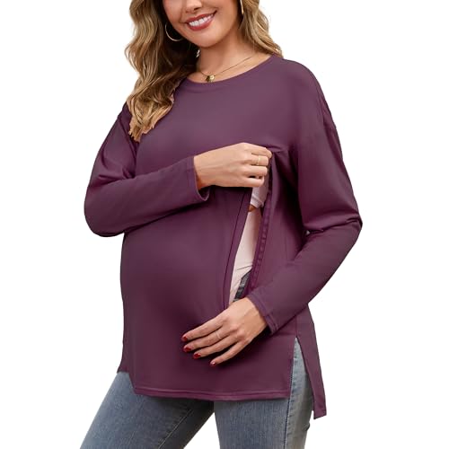 Women's Nursing Shirts Long Sleeve with Hidden Zipper Oversized Breastfeeding Tops Side Split Maternity Blouse Wine Red