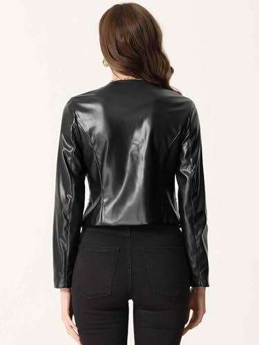 Allegra K Faux Leather Jacket for Women's Collarless Open Front Crop PU Moto Biker Jackets3