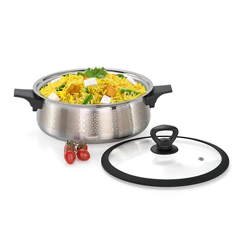 Image of Sumeet ISI Certified Stainless Steel Cook & Serve Designer Shallow Biryani Pot /Casserole with Glass Lid |Induction and Gas Compatible | Capacity - 3500ml -Dia - 25cm, Silver