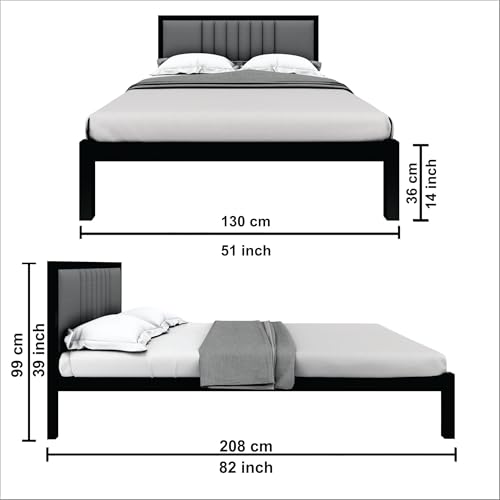 Image of Homdec Venus Wall-Supported Upholstered Headboard Metal Bed (Black, Double)