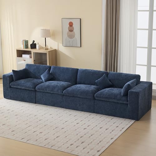 Image of 146''Cloud Boneless Sectional Couch, Modular Sectional Sofa Deep Seat, Oversized Upholstered Convertible Comfy 4 Seater Chenille Memory Foam Sofa Couches for Living Room, Navy