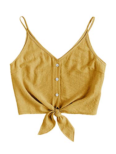 MakeMeChic Women s Casual V Neck Button Self Tie Front Crop Cami Tops Camisole Yellow XXS