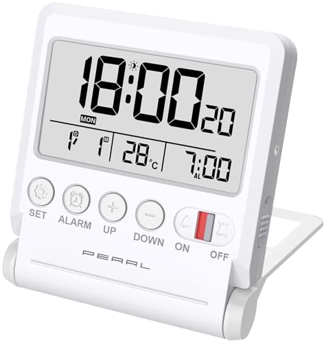 PEARL Reise-Wecker: Kompakter Reise-Funkwecker mit Thermometer und Datum, klappbar (Digitaler Funkwecker, Funk-Wecker mit DCF, klein)