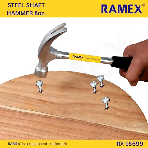 Image of RAMEX Steel Shaft Hammer 8 Oz - Forged Steel Head for Superior Strength & Durability - Carpenter Tools for Wood Work, Home and Professional, 2 in 1 Combination Claw & Flat Head, 400gm (Pack of 1), DIY