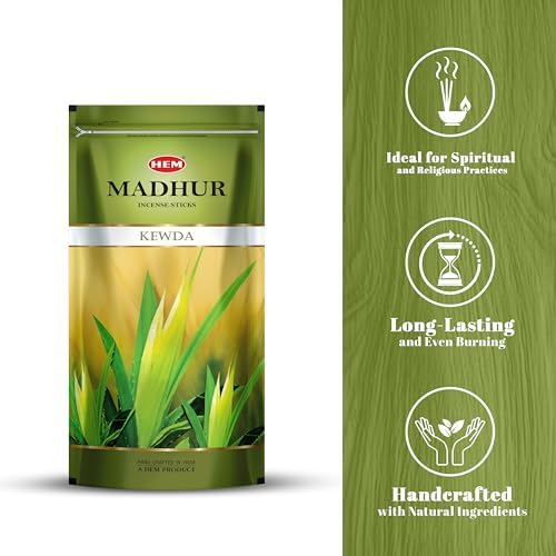 Image of Hem Madhur Kewda Incense Sticks - Pack of 3 | Refreshing Floral Aroma for Puja, Spiritual Practices & Meditation | Long-Lasting Fragrance in Zip Pouch for Pooja | Burns 35-40 Min | Approx 300 Sticks
