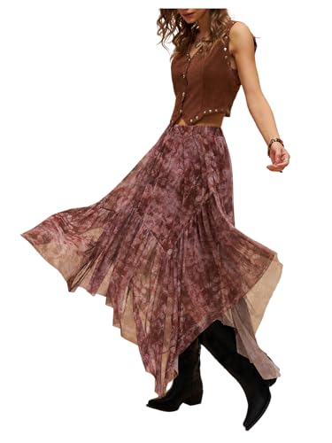Verdusa Women's Retro Vintage Boho Western Mesh Midi Skirt A Line Flowy Country Skirts