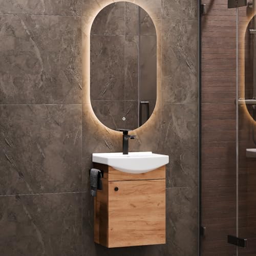 Planetmöbel Ensemble de Meubles de Salle de Bains Lavabo avec Meuble Bas 45 x 60 x 33 cm, Miroir avec éclairage 50 x 90 cm pour Salle de Bains et WC invités, chêne...