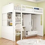 Rangement vêtements – Ce lit mezzanine dispose d'une penderie et de tiroirs sous le lit pour ranger soigneusement vêtements, linge de lit et objets du quotidien.