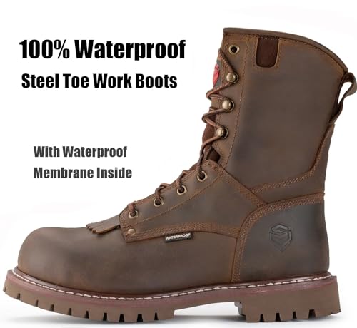 Image of SUREWAY Men's 8 inch Waterproof Steel-Toe Logger Work Boot, Superior Oil /Slip Resistant,Thicker Full Grain Leather,Wedge Rubber Sole,EH Rated