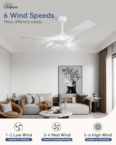 Image of Sofucor 52 Inch Smart Ceiling Fan No Light, Modern Ceiling Fan with 3 Plastic Blades, Compatible with Alexa /Google /App, 6 Speeds 4500CFM, Timer Quiet Reversible DC Motor, ETL /FCC