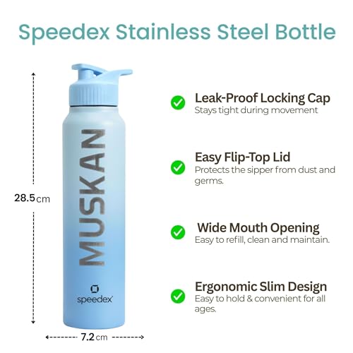 Image of Speedex Customised Stainless Steel Water Bottle 1 Ltr with Name - Personalised Engraved Sipper Cap Bottle for Kids, Men & Women, School, Gym, Office Dual Blue, Set of 1