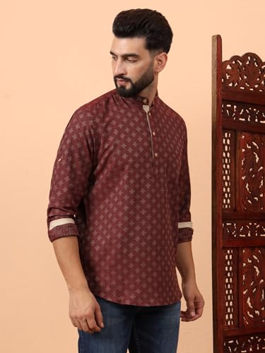 Image of LATEST CHIKAN Men's Cotton Regular Self Design Short Kurta Full Sleeves - Casual Ethnic Wear