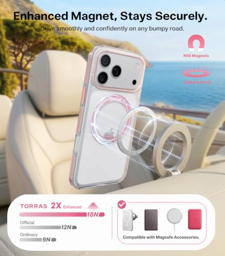 Image of TORRAS 360 Magnetic Stand for iPhone 17 Pro Case, Ultra Clear, Rosy Pink | Fit for MagSafe, 4X Military-Grade Protection, Anti-Yellow, Camera Button, Slim Non-Slip, For Women 6.3 inch, O3 Light Series