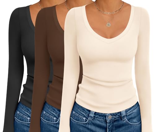 Ekouaer 3 Pack Long Sleeve Shirts for Women Deep V Neck Basic Thermal Tops Base Layer Undershirts Black/Coffee/Beige M