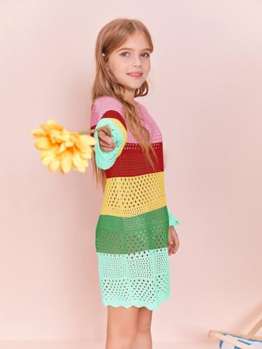 Image of Batermoon Girls Crochet Long Sleeve Swimsuit Cover Up Kids Fashion Hollow Out Swimwear Beach Dress 5-14 Years