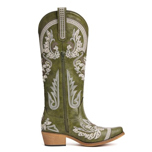 Image of vodvob Western Cowboy Boots for Women Rhinestone Knee High Cowgirl Snip Toe