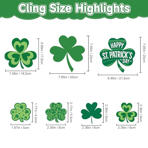 Image of St Patricks Day Window Clings Decorations, Shamrock Decor for Home, Office | 8 Sheets Window Sticker for Glass Windows, Clover Decals for Mirrors, Glass Doors, Reusable Irish Party Indoor Decoration