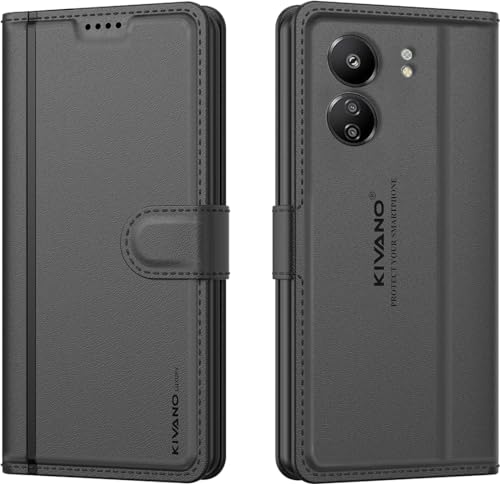 Image of KIVANO LUXE Compatible for Redmi 13C / Poco C65 Luxury Handmade Leather Magnetic Flip Folio Case | Card Holder & Kickstand | Slim Protective Cover | Unisex - Black