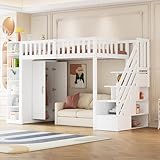 vutizal Hochbett 90x200 cm mit Schubladen & Regalen | Weiß | Massivholzbett für kleine Räume | Organisationslösung | Ohne Matratze