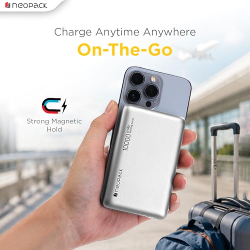 Image of Neopack Rapid Pro Magsafe Power Bank 10000 mAh with 25W Fast Wireless Charging | QI2 Technology | LED Indicator | Strong Magnetic Hold | USB-C In & Output Compatible with iPhone 12 & New Model, Silver