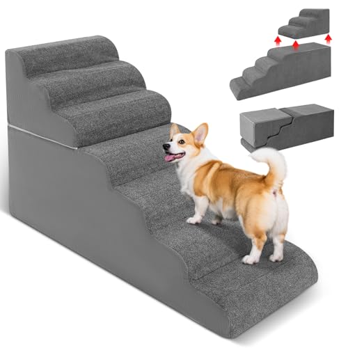 7-Step Dog Stairs for High Bed - 29.5" Adjustable Dog Ramps for Couch, Non-Slip Sturdy Pet Steps for Small Dogs, Washable Cover, Removable Modular Design, Dual 11.8” & 17.7” Steps for Custom Height