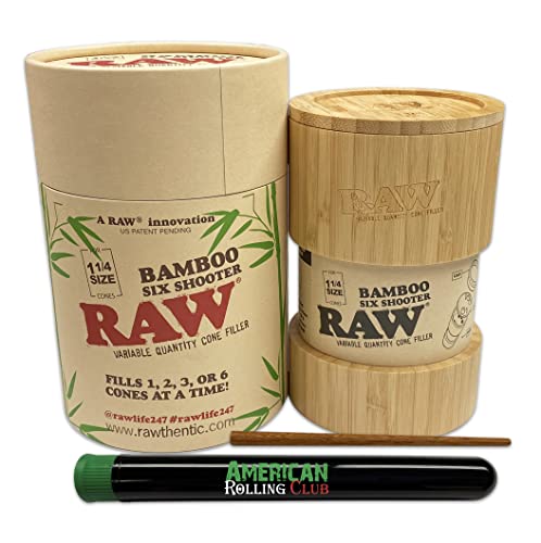 RAW Bamboo Six Shooter | 1 1/4 Size | Loader/Filler for PreRolled Cigarette Paper Cones Includes SIX ARC Cigarette Savers