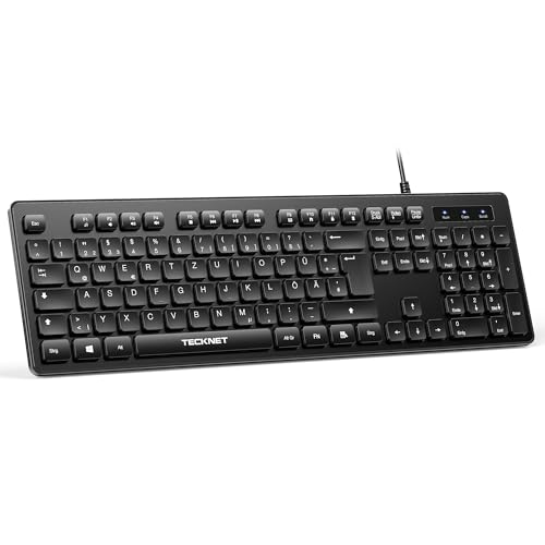 TECKNET Kabelgebundene Tastatur USB Keyboard Vollgröße mit Nummernblock Deutsches QWERTZ Layout Spritzwassergeschützt Leise PC Tastatur für PC/Laptop (Windows/Mac) - Schwarz