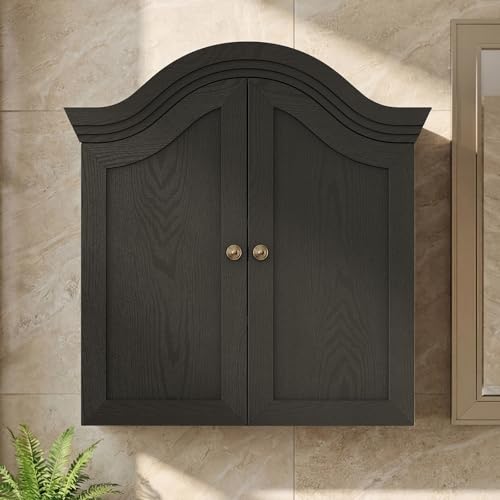 Armario de pared para baño, negro | con arco ondulado en la parte superior, estante ajustable, almacenamiento sobre el inodoro, puerta rebajada, botiquín
