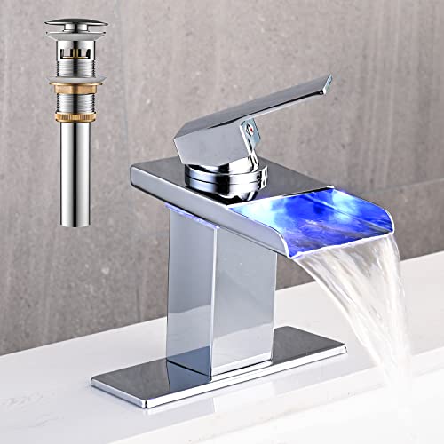 Image of AVSIILE LED Bathroom Sink Faucet, Chrome, Waterfall, Stainless Steel Spout