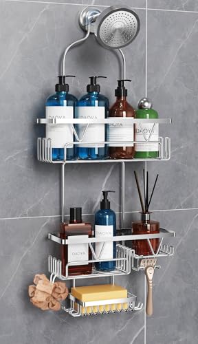 DAOYA Shower Caddy Hanging - Over the Shower Head Caddy with 2 Baskets Soap Holder & Razor Holder Non-Slip Rubber Pads U-Shaped Hooks and Adhesive Pads for Bathroom Organization - Silver