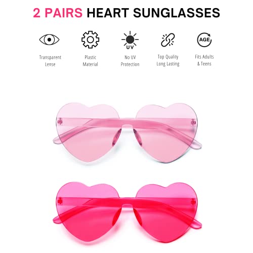 4E's Novelty 2 Pack Heart Shaped Sunglasses For Women - Transparent Light Pink & Hot Pink Color Rimless Glasses, Valentines Party Fashion Accessories #TOP3