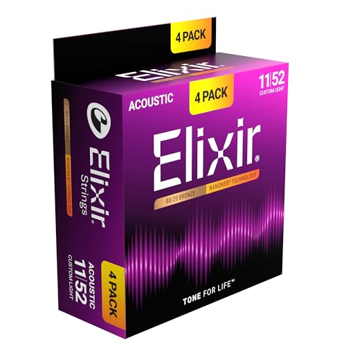 Elixir Cuerdas Strings 80,20 Bronze para guitarra acústica con tecnología NANOWEB, luz personalizada (.011-.052), paquete de 4 unidades especial de Amazon