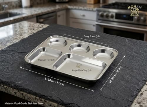 Image of MOHAM Stainless Steel Rectangular Partition Plate 5 in1 /Bhojan Thali /Compartment Plate /Steel Thali /Dinner Plate Pack of 3 of 1 for Breakfast /Lunch /Dinner /Pav Bhaji Plates