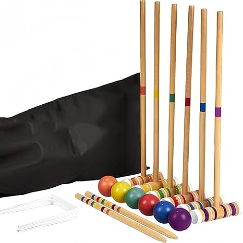 Square Croquet Game for Six Players, with 6 Quality Clubs, Poles, Colored Balls, Goals, a Portable Storage Bag, Outdoor Family - Lawn, Back Garden, Park Games, Suitable for Adults/Teenagers Cover