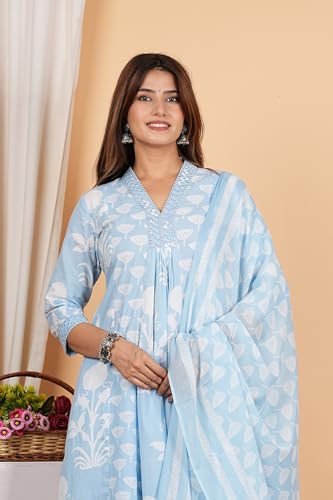 Image of Yash Gallery Women's Cotton Calf Length V-Neck Botanical Print Regular Fitted Anarkali Kurta With Pant & Dupatta