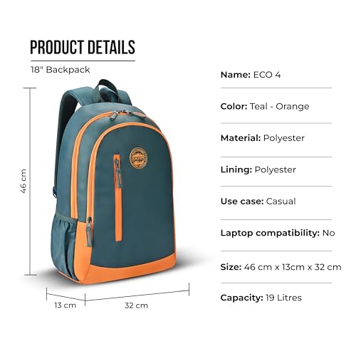 Image of Gear Eco 4 18 inch /19L Medium Water Resistant Daypack | Casual Backpack | Travel Backpack for Men /Women (Teal - Orange)