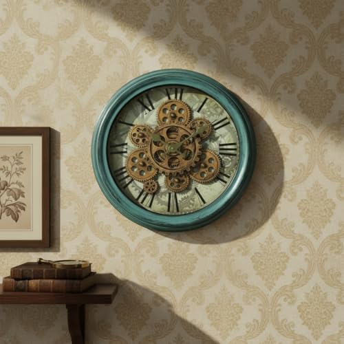 Image of STAR WORK Vintage Gear Wall Clock Industrial Rustic Farmhouse Classic Style Mechanical Charm Perfect for Living Room Bedroom Office or Entryway Decor (Blue -14 INCH)