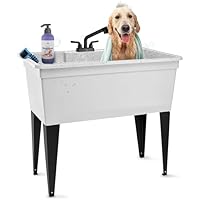 Tehila Freestanding Double-Wide Utility Sink with Steel Legs & Black Pull-Out Faucet, Multi-Purpose Heavy-Duty Laundry Tub and Kitchen Sink for Homes & Business, White