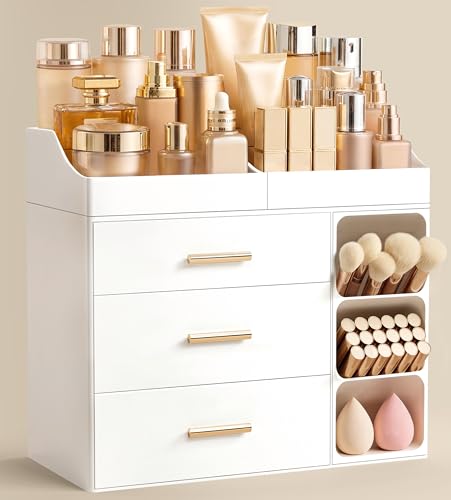 HBlife Makeup Organizer Countertop with Brush Holder Large Bathroom Counter Organizer with Drawers Skincare Organizers for Vanity Plastic Dresser Organizer Storage Gift for Women Girl Mom All White