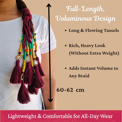 Image of Zippy Flora Handmade Boho Parandi / Paranda Traditional Hair Accessory for Women & Girls | Ethnic Braided Hair Tassels, Choti Hair Extension, Decorative Braid Jewelry for Festive & Wedding Hairstyles (Neelima Burgundy)