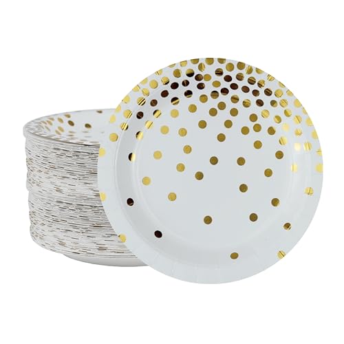 Ottin White with Gold Foil Dots Party Paper Plates 9'' 60PCS Disposable Dinner Plates for Wedding Birthday Bridal Shower Engagement Graduation Passover Memorial Day Mother’s Day