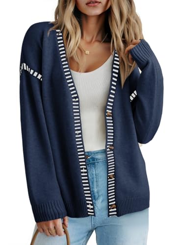Dokotoo Womens Oversized Cardigan Sweaters Casual Coats Long Sleeve Button Front Stripes Trim Fall Outfits