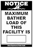 Maximum Bather Load Tin Sign 12x8 Inch, Illinois Department of Public Health Pool Notice Metal Sign, Black and White Safety Wall Decor for Swimming Pool Facility Spa Bathroom