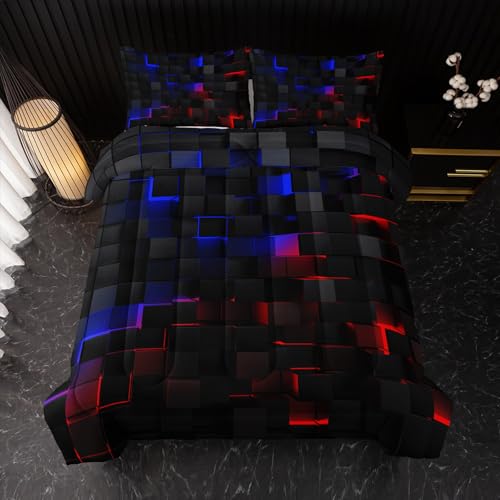 Image of Nttopship Neon Blue and Red Black Comforter Set Full Geometric Kids Bedding Set,3 PCS Geometry Honeycomb Modern Room Decor Quilt Set 1 Comforter 2 Pillow Cases All Season B-Side Black