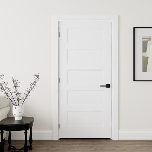 JUBEST 36"x80" Right-Hand Prehung Interior Door with Knock Down Jamb Kit & Matte Black Hinges, 5-Panel White Primed Hollow Core Molded Door Slab with Bore & Hinge Cutout, Durable & Sturdy, No Handle