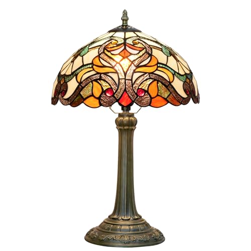 Crecobo Tiffany Table Lamp, Orange Stained Glass, 12 Inch, Baroque Style, Retro Victorian French Country Design, Bronze Finish, Indoor Decorative Lighting for Bedroom, Living Room
